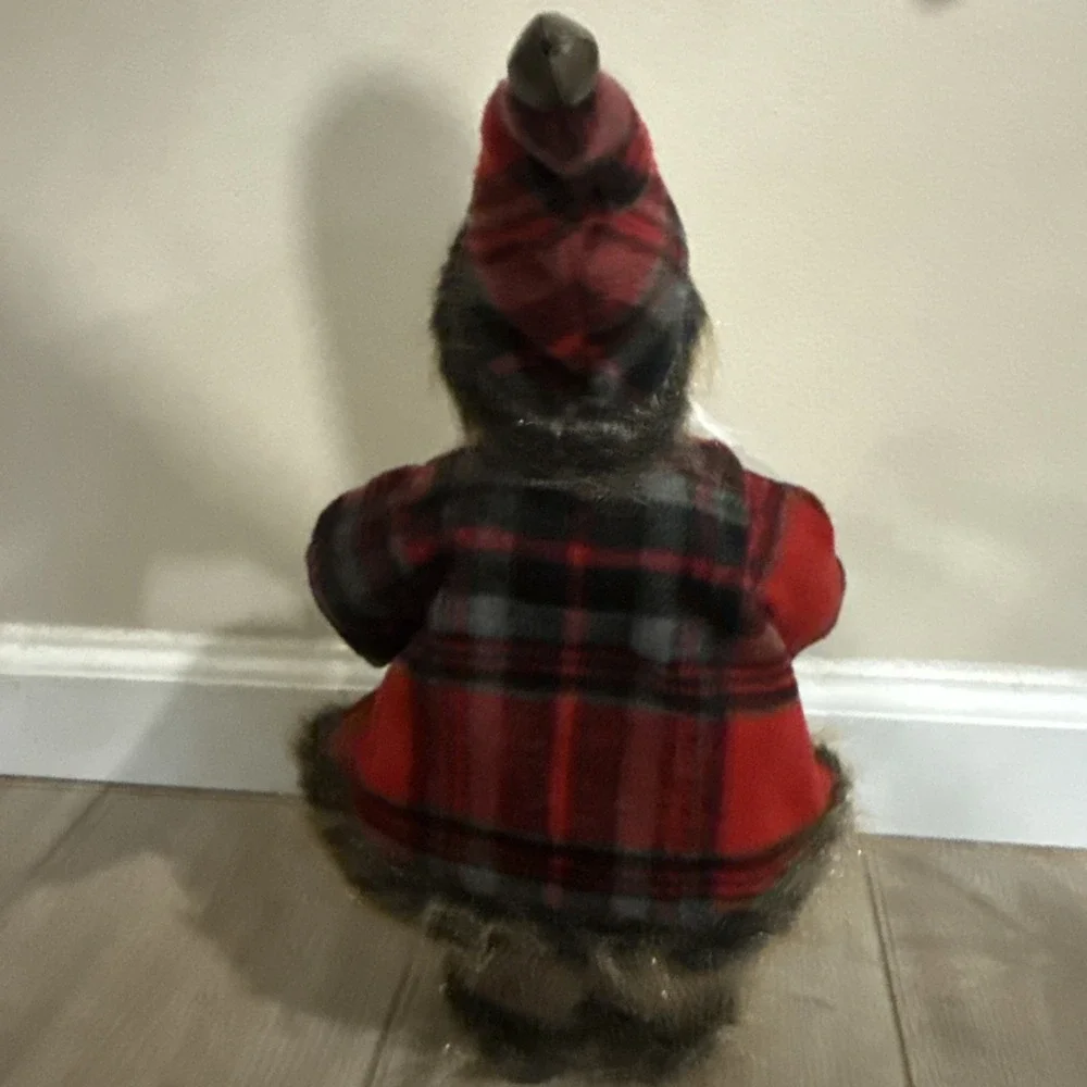 16‎ inch Tall Standing Santa Claus Holding JOY sign Red Plaid Coat Fur Accents